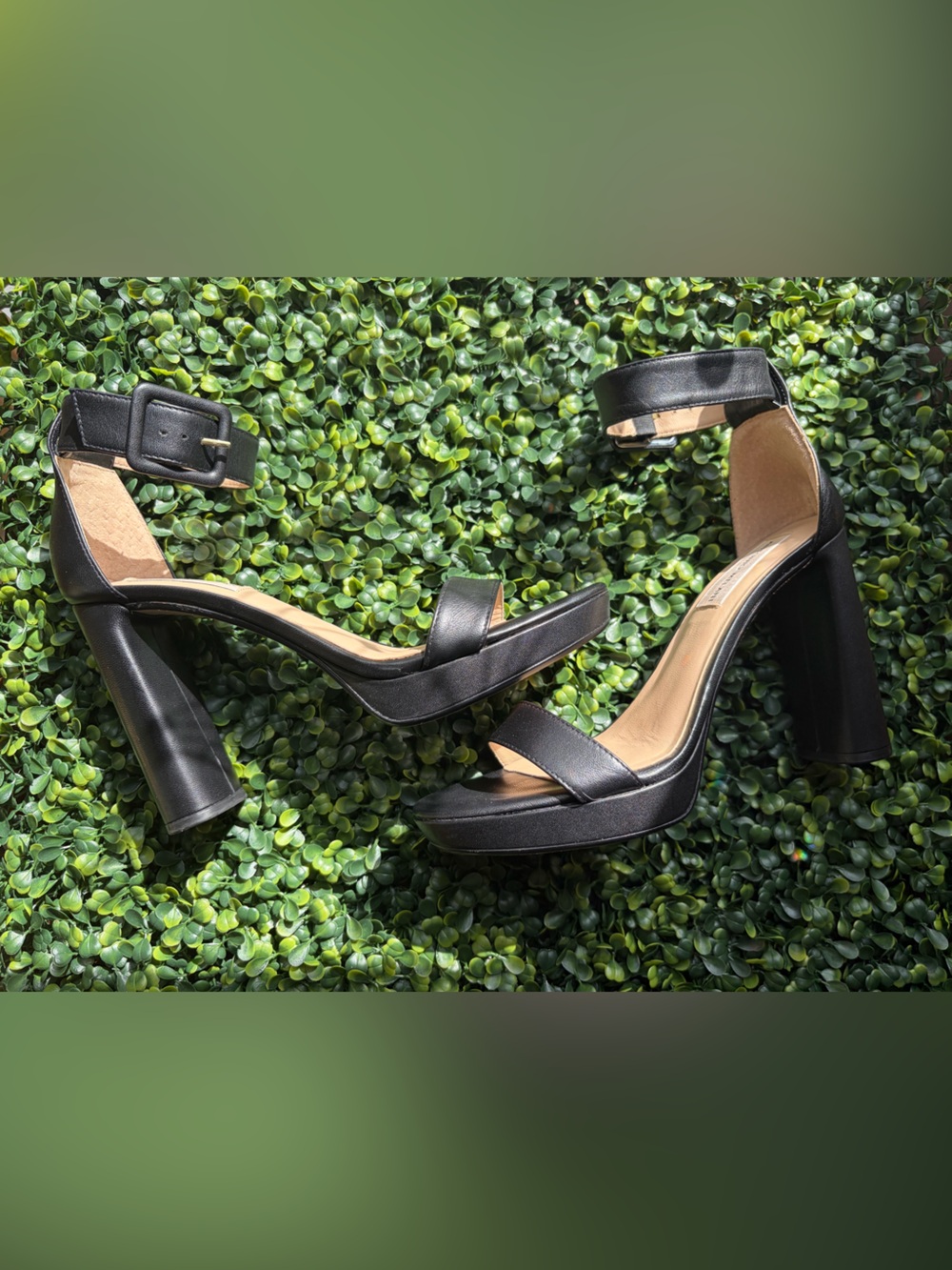 Antonio Melani Black Leather Platform Block Heel Ankle Strap Sandals 8M